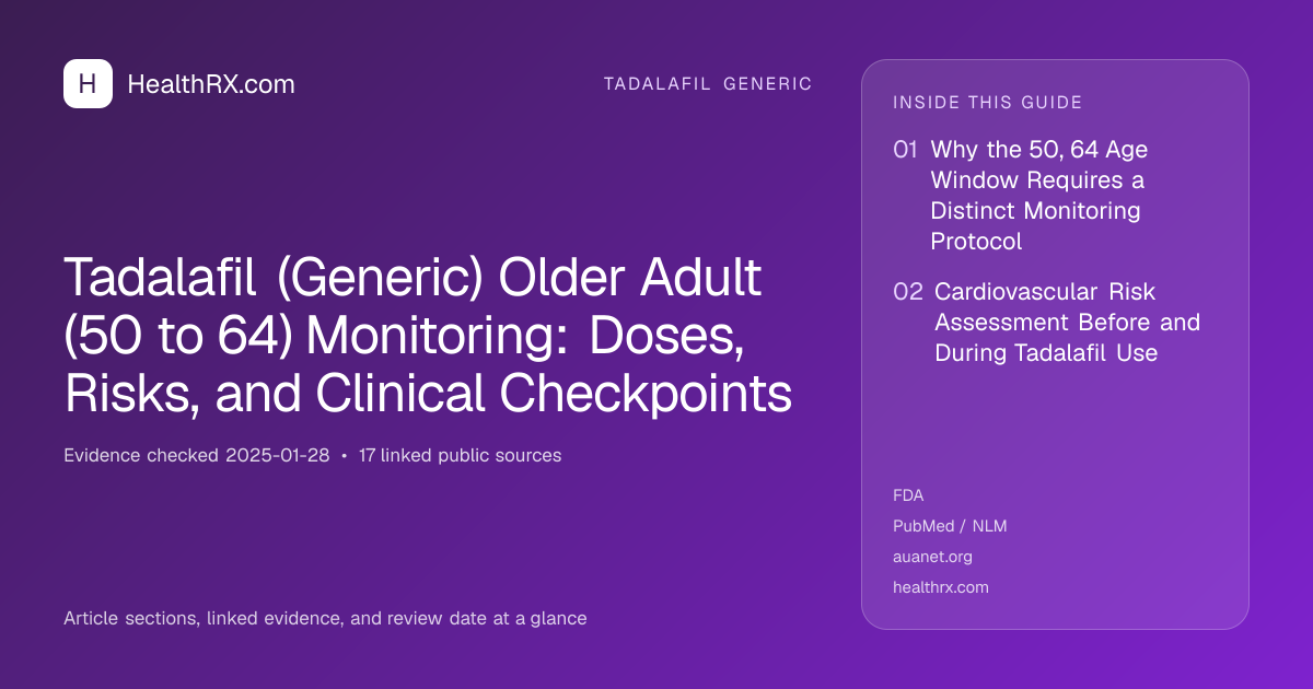 Evidence overview for Tadalafil (Generic) Older Adult (50 to 64) Monitoring: Doses, Risks, and Clinical Checkpoints