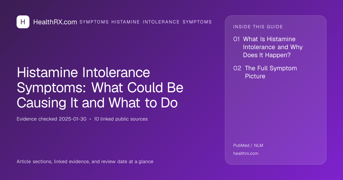 Evidence overview for symptoms histamine intolerance symptoms: Histamine Intolerance Symptoms: What Could Be Causing It and What to Do