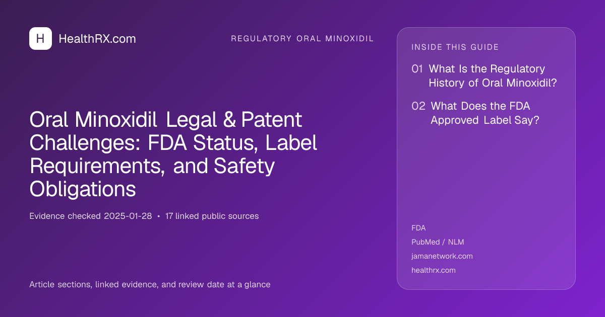 Evidence overview for Oral Minoxidil Legal & Patent Challenges: FDA Status, Label Requirements, and Safety Obligations