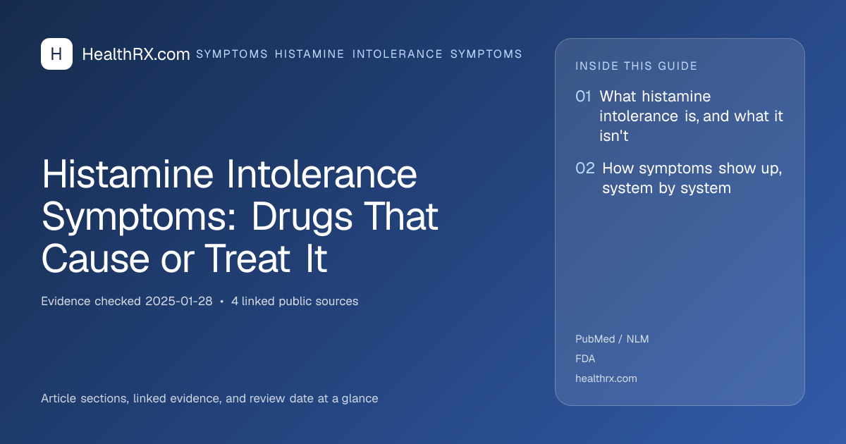 Evidence overview for symptoms histamine intolerance symptoms: Histamine Intolerance Symptoms: Drugs That Cause or Treat It
