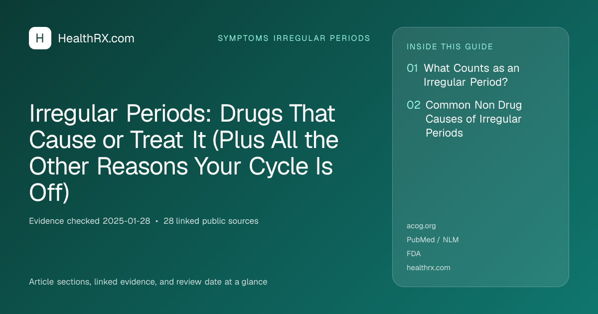 Evidence overview for symptoms irregular periods: Irregular Periods: Drugs That Cause or Treat It (Plus All the Other Reasons Your Cycle Is Off)