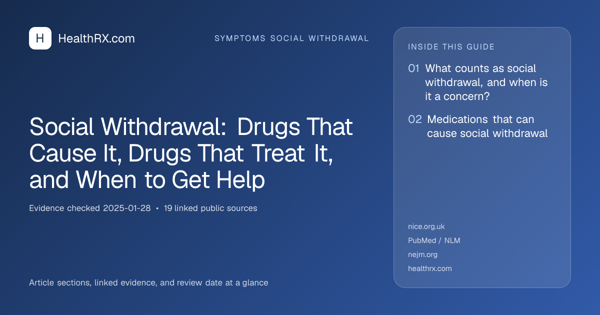 Evidence overview for symptoms social withdrawal: Social Withdrawal: Drugs That Cause It, Drugs That Treat It, and When to Get Help