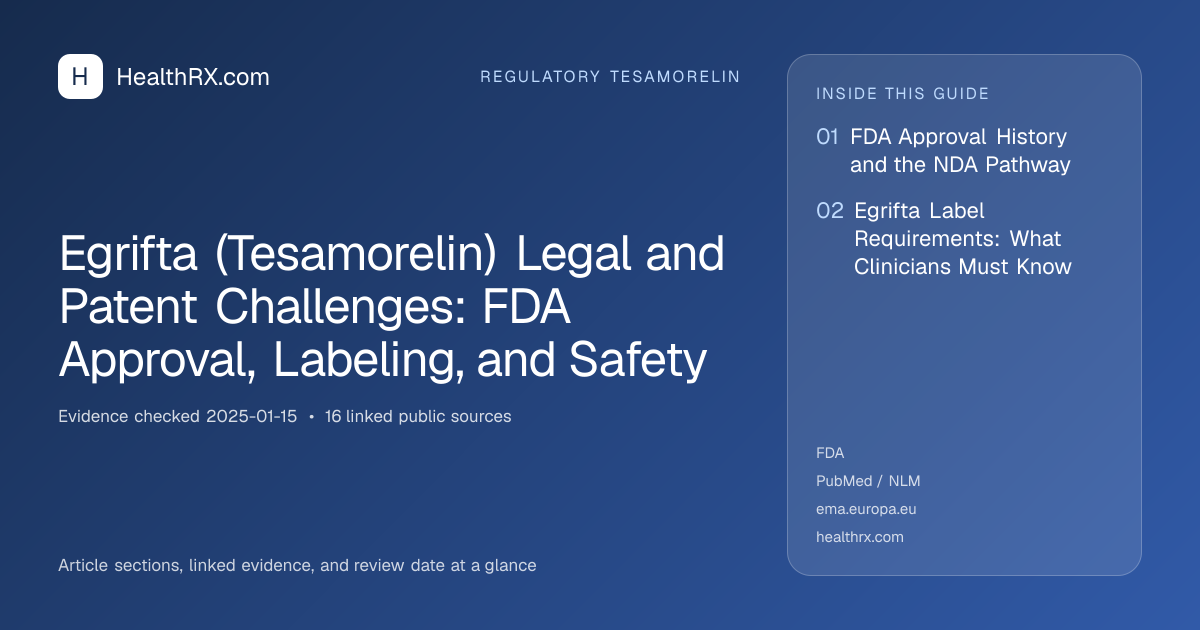 Evidence overview for Egrifta (Tesamorelin) Legal and Patent Challenges: FDA Approval, Labeling, and Safety