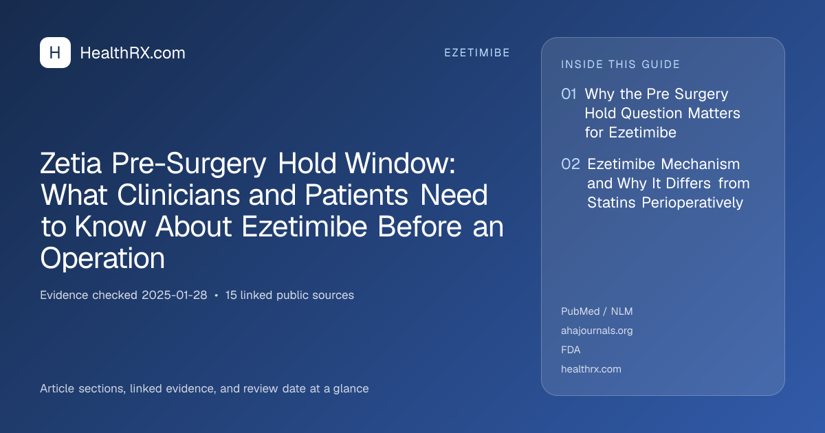Evidence overview for ezetimibe: Zetia Pre-Surgery Hold Window: What Clinicians and Patients Need to Know About Ezetimibe Before an Operation