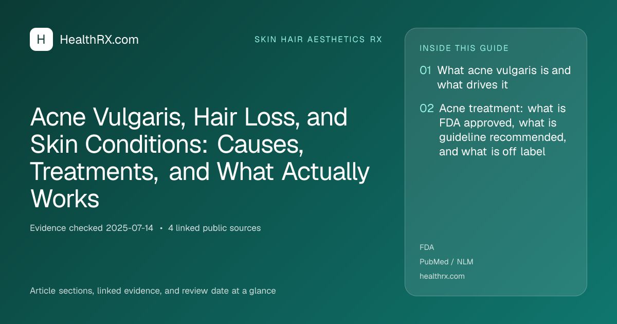 Evidence overview for skin hair aesthetics rx: Acne Vulgaris, Hair Loss, and Skin Conditions: Causes, Treatments, and What Actually Works