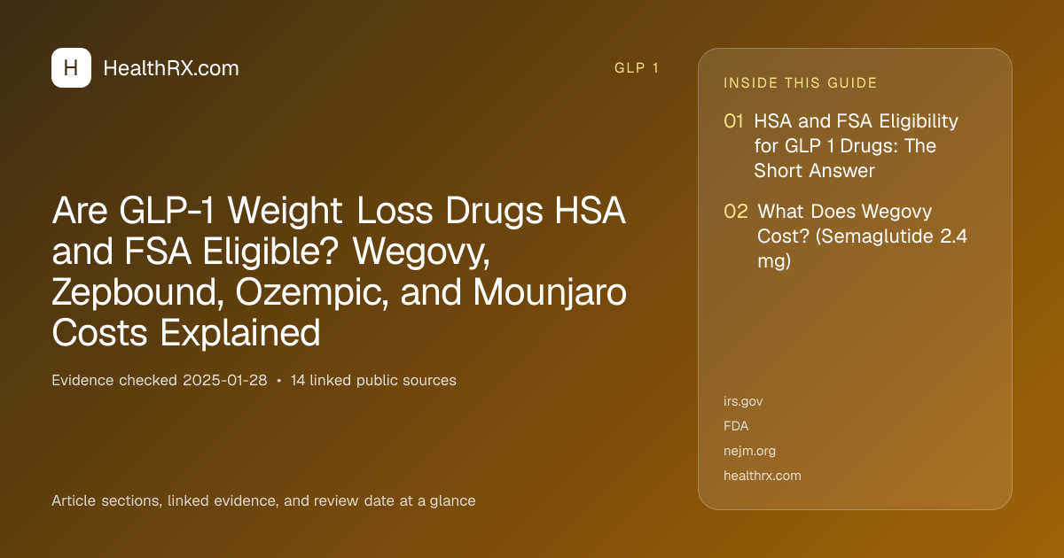 Evidence overview for Are GLP-1 Weight Loss Drugs HSA and FSA Eligible? Wegovy, Zepbound, Ozempic, and Mounjaro Costs Explained
