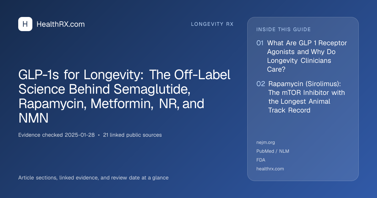 Evidence overview for GLP-1s for Longevity: The Off-Label Science Behind Semaglutide, Rapamycin, Metformin, NR, and NMN