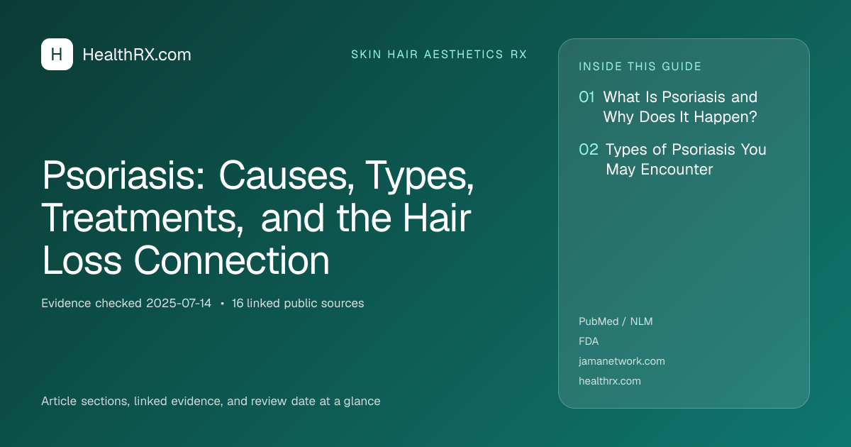 Evidence overview for skin hair aesthetics rx: Psoriasis: Causes, Types, Treatments, and the Hair Loss Connection
