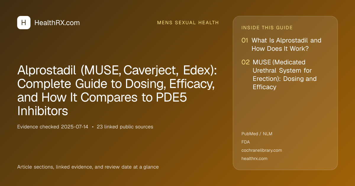 Evidence overview for mens sexual health: Alprostadil (MUSE, Caverject, Edex): Complete Guide to Dosing, Efficacy, and How It Compares to PDE5 Inhibitors