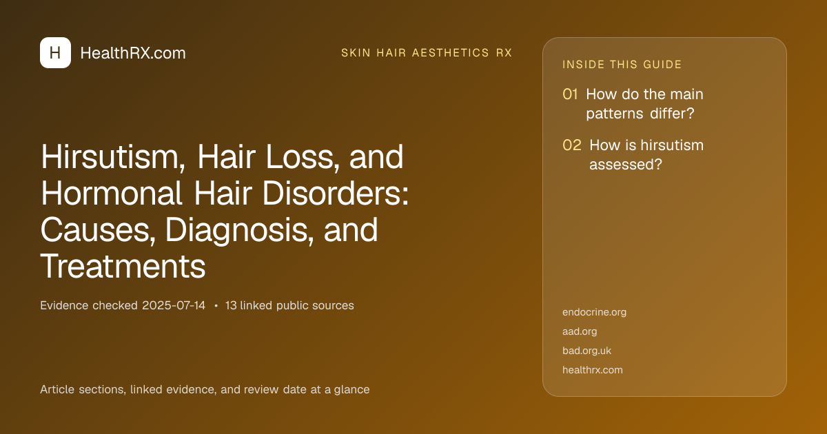 Evidence overview for skin hair aesthetics rx: Hirsutism, Hair Loss, and Hormonal Hair Disorders: Causes, Diagnosis, and Treatments