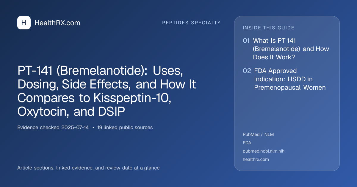 Evidence overview for PT-141 (Bremelanotide): Uses, Dosing, Side Effects, and How It Compares to Kisspeptin-10, Oxytocin, and DSIP