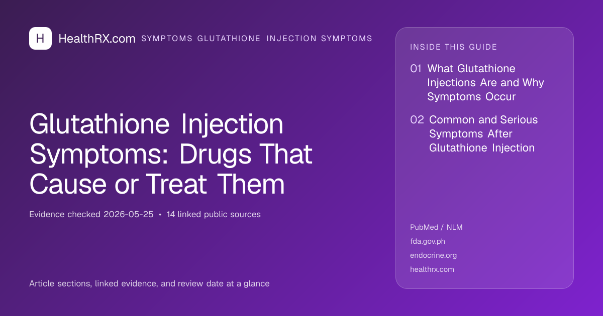Evidence overview for symptoms glutathione injection symptoms: Glutathione Injection Symptoms: Drugs That Cause or Treat Them