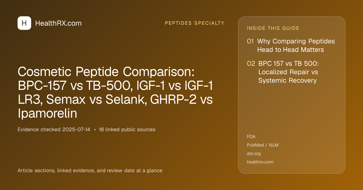 Evidence overview for Cosmetic Peptide Comparison: BPC-157 vs TB-500, IGF-1 vs IGF-1 LR3, Semax vs Selank, GHRP-2 vs Ipamorelin