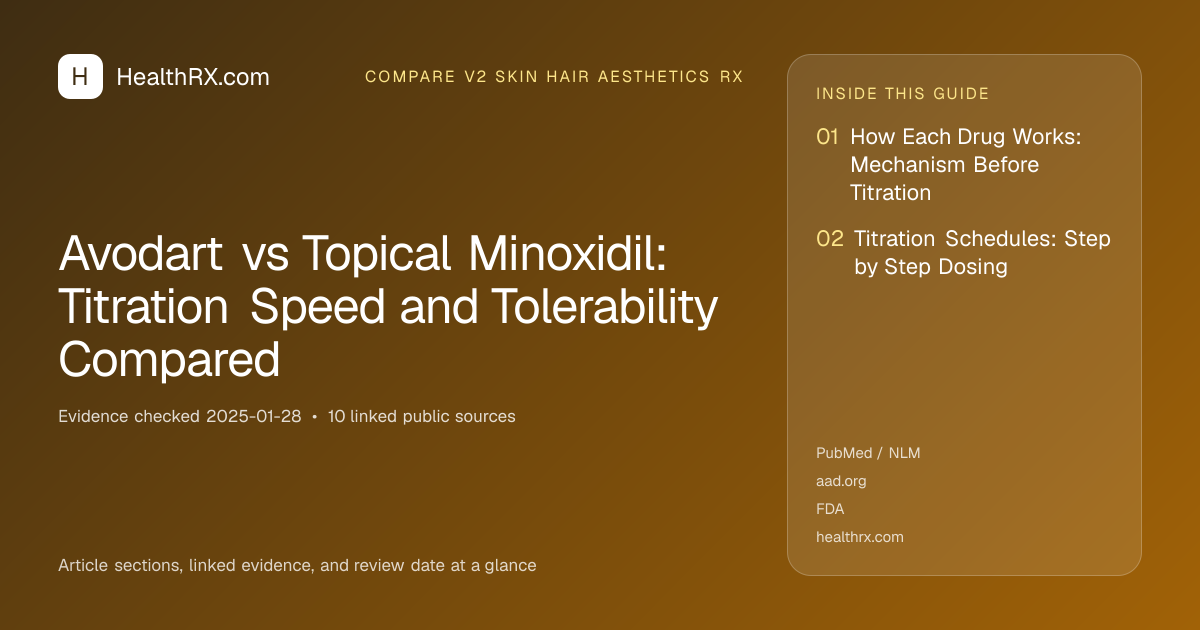 Evidence overview for compare v2 skin hair aesthetics rx: Avodart vs Topical Minoxidil: Titration Speed and Tolerability Compared