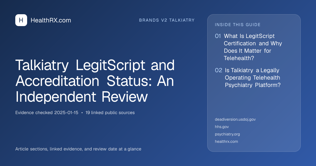 Evidence overview for brands v2 talkiatry: Talkiatry LegitScript and Accreditation Status: An Independent Review