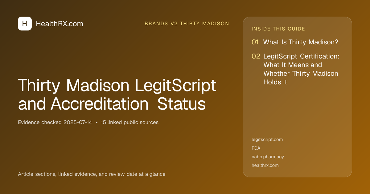 Evidence overview for brands v2 thirty madison: Thirty Madison LegitScript and Accreditation Status