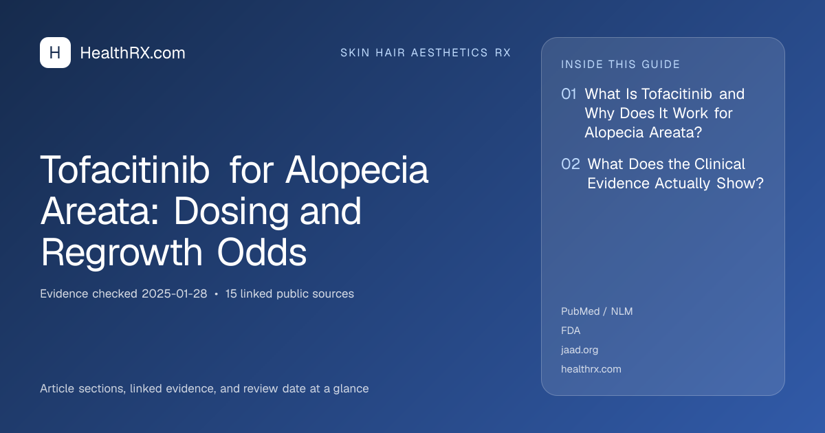 Evidence overview for skin hair aesthetics rx: Tofacitinib for Alopecia Areata: Dosing and Regrowth Odds