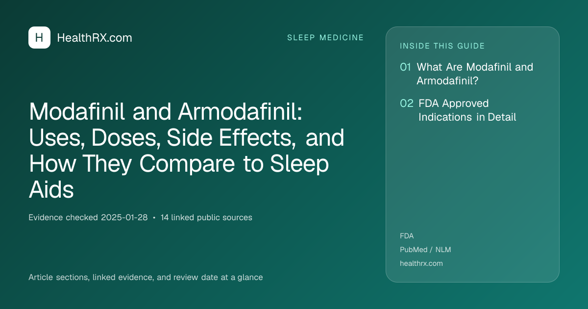 Evidence overview for Modafinil and Armodafinil: Uses, Doses, Side Effects, and How They Compare to Sleep Aids