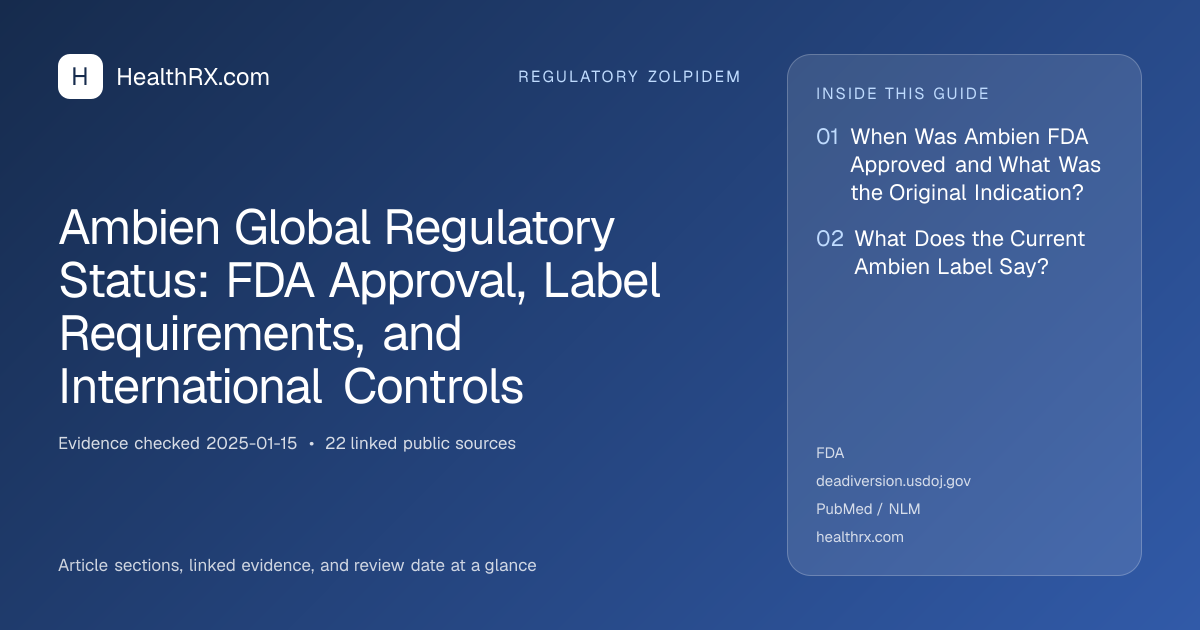 Evidence overview for Ambien Global Regulatory Status: FDA Approval, Label Requirements, and International Controls