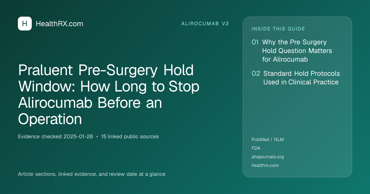 Evidence overview for alirocumab v2: Praluent Pre-Surgery Hold Window: How Long to Stop Alirocumab Before an Operation