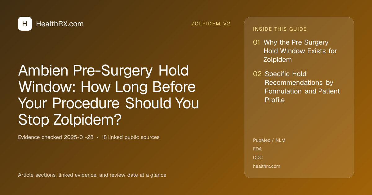 Evidence overview for zolpidem v2: Ambien Pre-Surgery Hold Window: How Long Before Your Procedure Should You Stop Zolpidem?