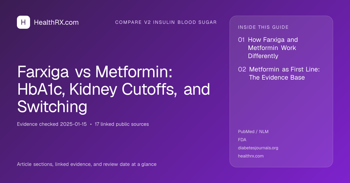 Evidence overview for compare v2 insulin blood sugar: Farxiga vs Metformin: HbA1c, Kidney Cutoffs, and Switching