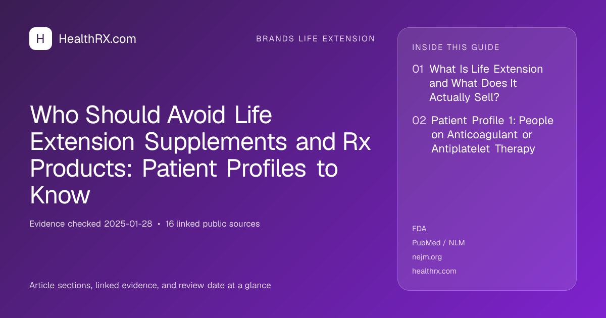 Evidence overview for brands life extension: Who Should Avoid Life Extension Supplements and Rx Products: Patient Profiles to Know