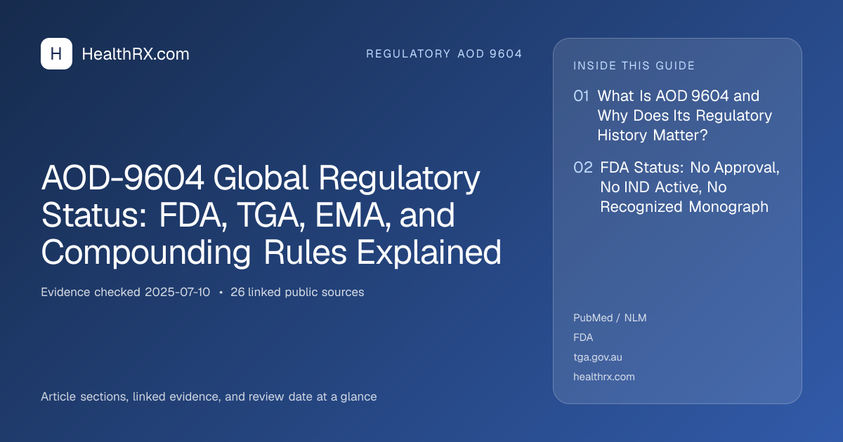 Evidence overview for AOD-9604 Global Regulatory Status: FDA, TGA, EMA, and Compounding Rules Explained