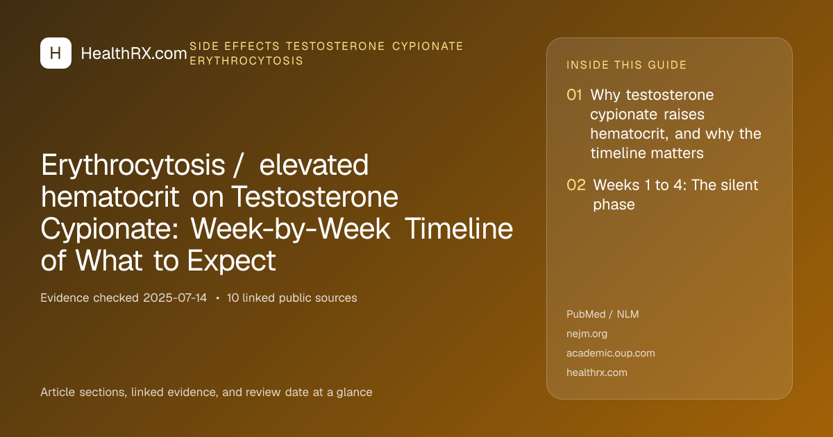 Evidence overview for Erythrocytosis / elevated hematocrit on Testosterone Cypionate: Week-by-Week Timeline of What to Expect