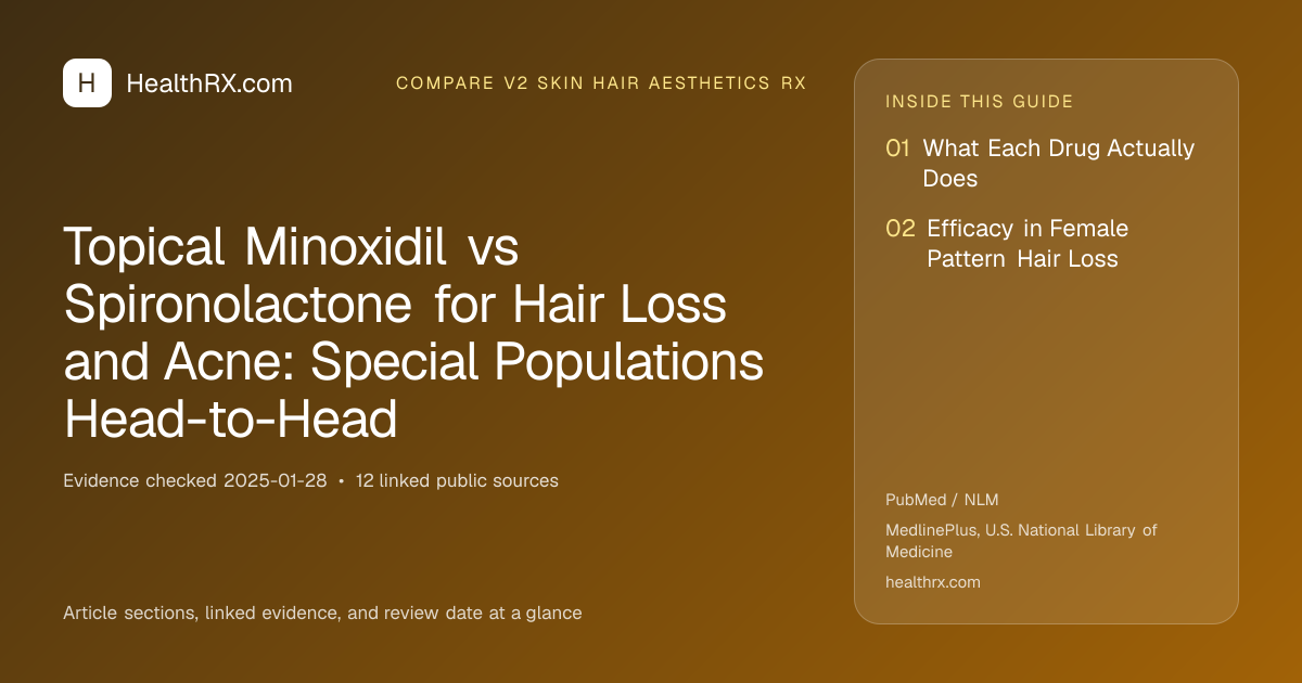 Evidence overview for compare v2 skin hair aesthetics rx: Topical Minoxidil vs Spironolactone for Hair Loss and Acne: Special Populations Head-to-Head